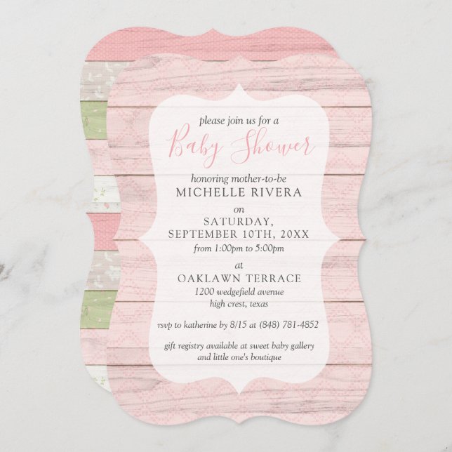 Invitation Baby shower Shabby rose & Sage vert bois rustique  (Devant / Derrière)
