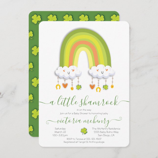 Invitation Baby shower Shamrock arc-en-ciel de St. Patrick's  (Devant / Derrière)