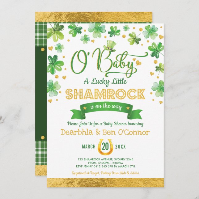Invitation Baby shower Shamrock branché de la Saint Patrick (Devant / Derrière)