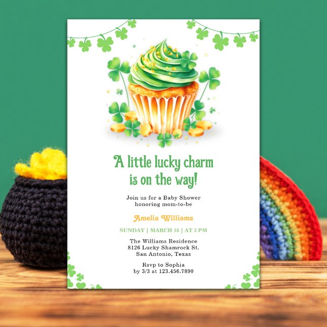 Invitation Baby shower Shamrock Cupcake Little Lucky Charm (St. Patrick's Day Baby Shower Invitation – Lucky Little Shamrock Theme for Mother-to-Be)