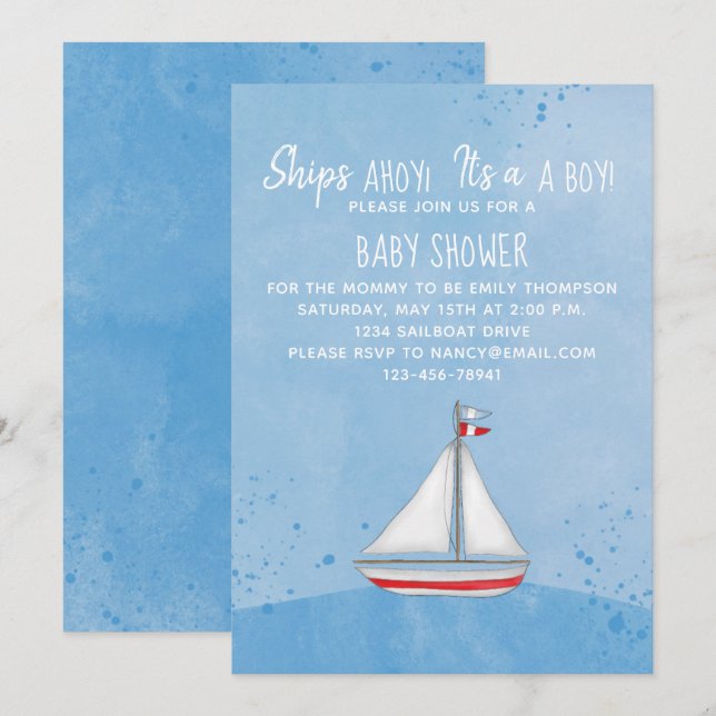 Invitation Baby shower Ship Ahoy C'est un garçon Simple Nauti (Devant / Derrière)