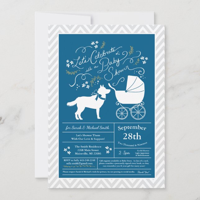 Invitation Baby shower Sibérien Husky Chien Blue Boy (Devant)