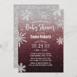 Invitation Baby shower Silver Flocon de neige Bourgogne Parti