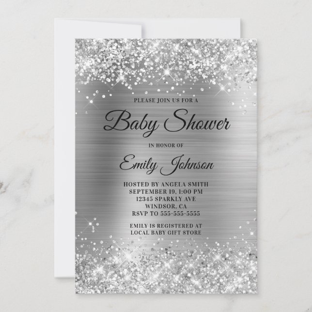 Invitation Baby shower Silver Glittery Foil Fancy Script (Devant)