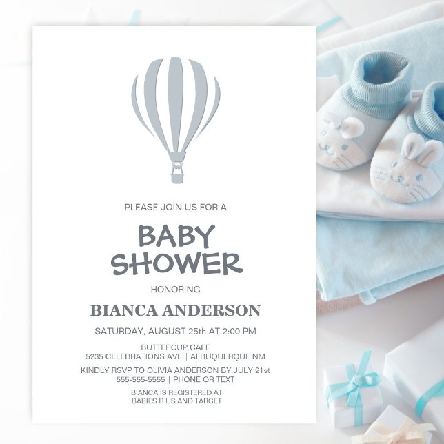 Invitation Baby shower simple à air chaud gris (Créateur téléchargé)