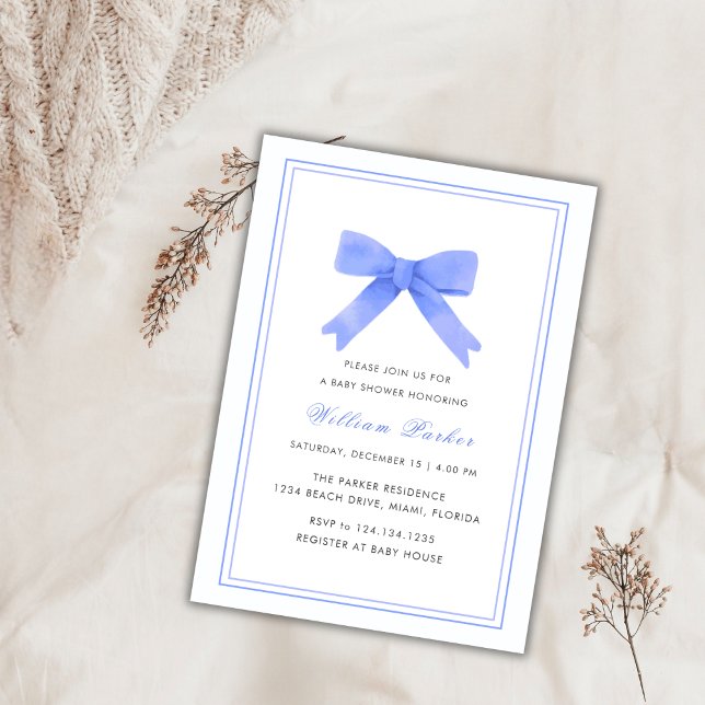 Invitation Baby shower simple à fond d'aquarelle (Simple Blue Watercolor Bow Boy Baby Shower Invitation)