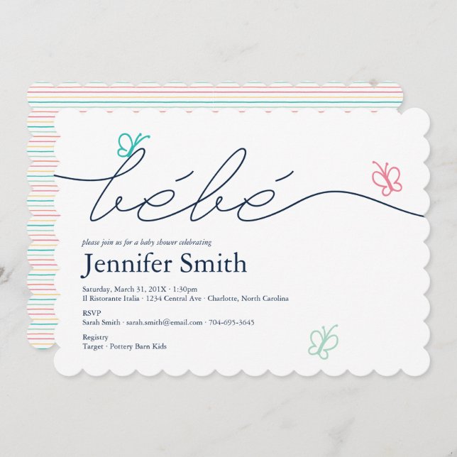 Invitation Baby shower simple à papillon français (Devant / Derrière)