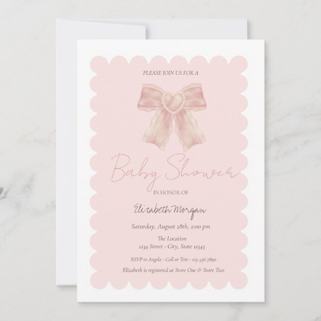 Invitation Baby shower simple Aquarelle rose Bow (Devant)