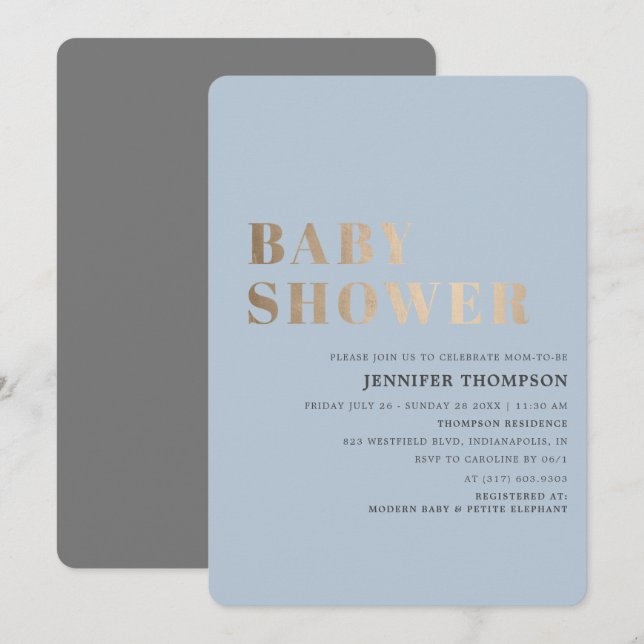 Invitation Baby shower simple Boy Blue & Gold (Devant / Derrière)