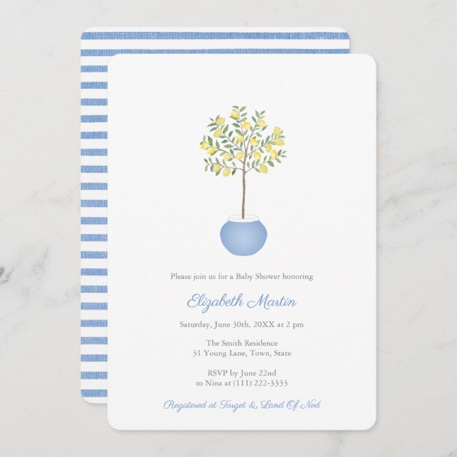 Invitation Baby shower simple citronnier bleu jaune (Devant / Derrière)