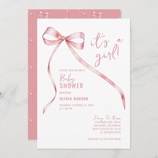 Invitation Baby shower simple de fille à la cou rose (Devant / Derrière)
