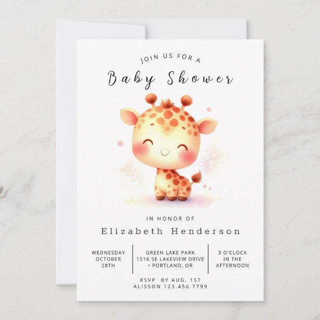 Invitation Baby shower simple de girafe modifiable (Devant)