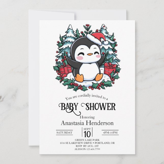 Invitation Baby shower simple de pingouin à flocon de neige (Devant)