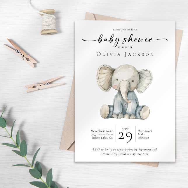 Invitation Baby shower simple d'éléphant aquarelle (Créateur téléchargé)
