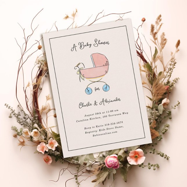 Invitation Baby shower simple et doux rose et bleu pram (Créateur téléchargé)