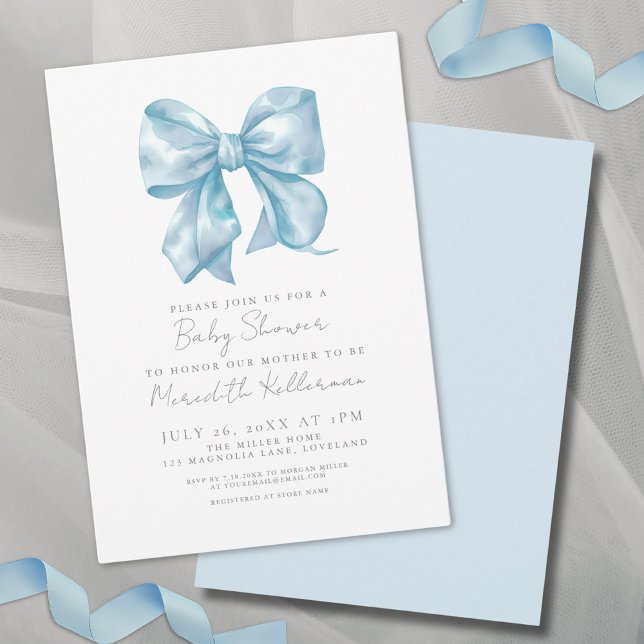 Invitation Baby shower simple et élégant (Simple Elegant Blue Bow Baby Shower Invitation)