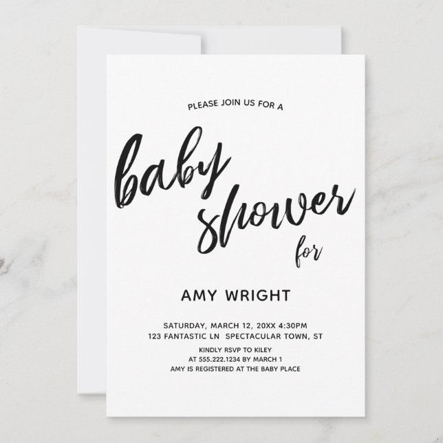 Invitation Baby Shower Simple et Moderne avec Écriture Manusc (Devant)