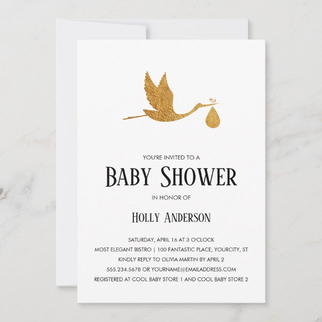 Invitation Baby shower simple Faux Gold Foil Stork avec/Bundl (Devant)