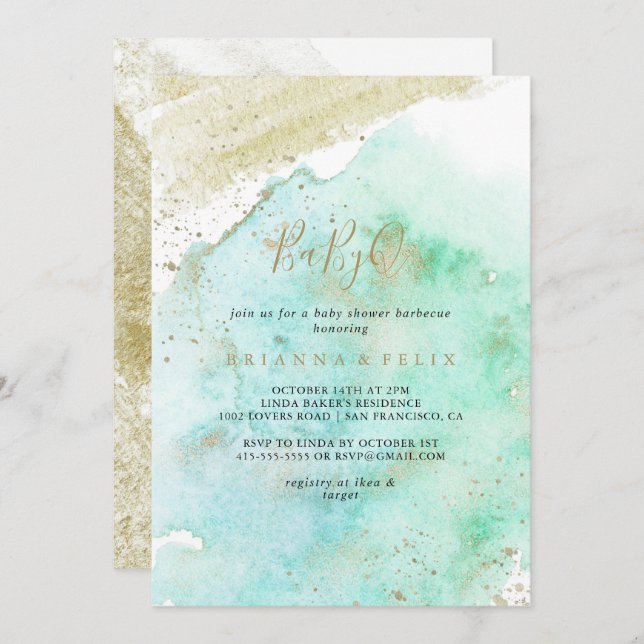 Invitation Baby shower simple Gold et Green BabyQ (Devant / Derrière)
