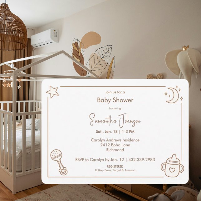 Invitation Baby Shower Simple Lune et Étoiles Neutre (Créateur téléchargé)