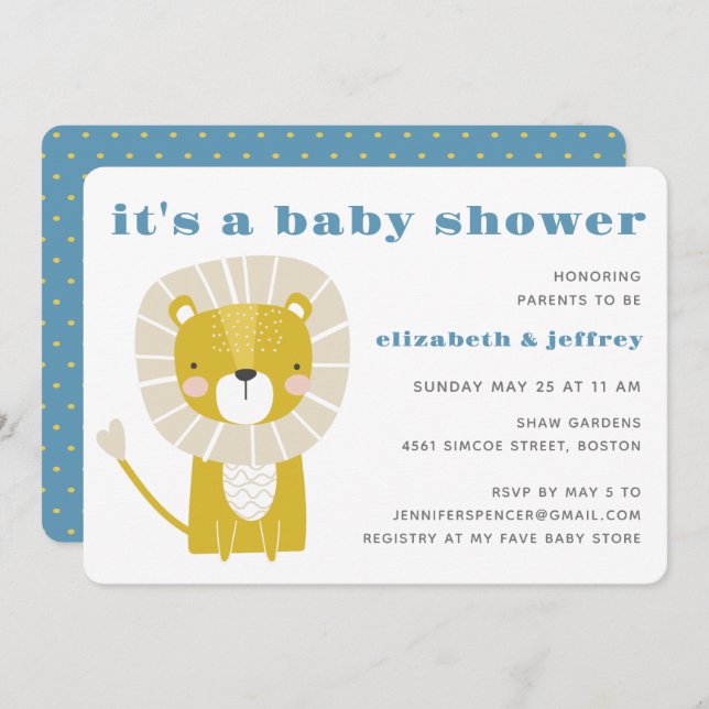 Invitation Baby shower simple moderne Blue Lion Boy (Devant / Derrière)