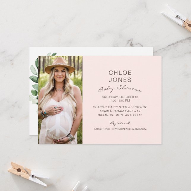 Invitation Baby shower simple moderne photo Champagne Rose (Devant/Arrière en situation)
