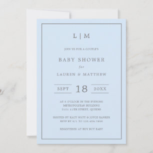 Invitation Baby shower simple Monogramme bleu garçon couples