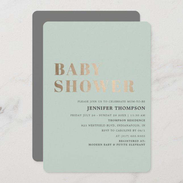 Invitation Baby shower simple Neutre Eucalyptus Vert & Or (Devant / Derrière)