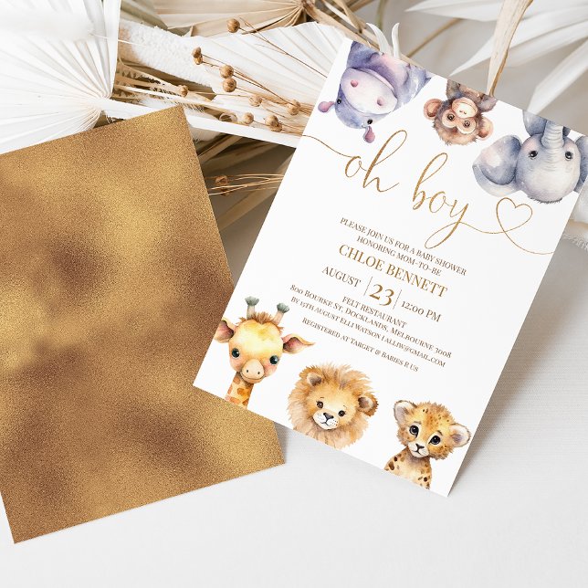 Invitation Baby shower simple Oh Boy Safari Animaux (Modern safari baby shower invitation featuring six cute safari animals and faux copper heading.)