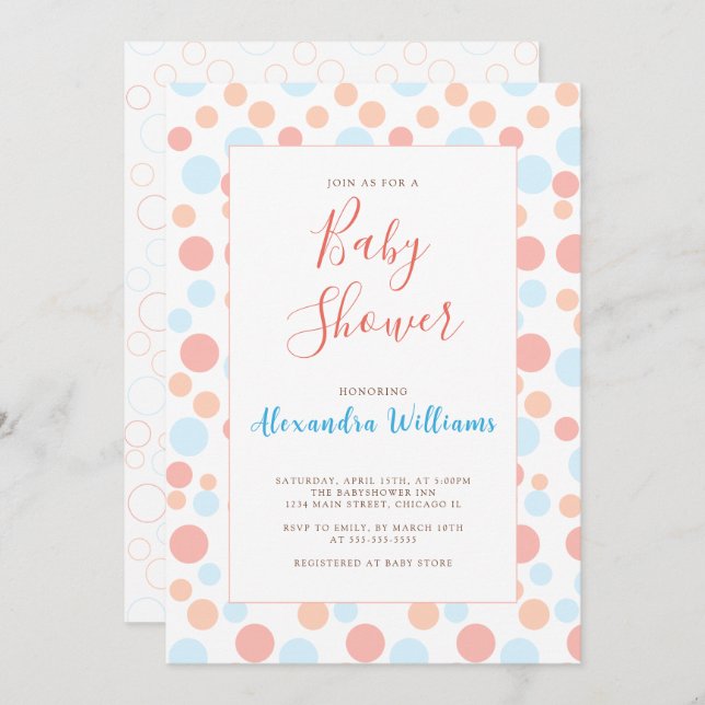 Invitation Baby shower simple Points colorés personnalisés (Devant / Derrière)