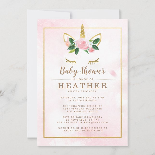 Invitation Baby shower simple rose et or Unicorne (Devant)