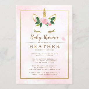 Invitation Baby shower simple rose et or Unicorne