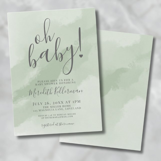 Invitation Baby Shower Simple Vert Sauge Oh Bébé (Simple Sage Green Baby Shower Invitation)