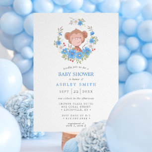 Invitation Baby Shower Singe Bleu Floral Garçon