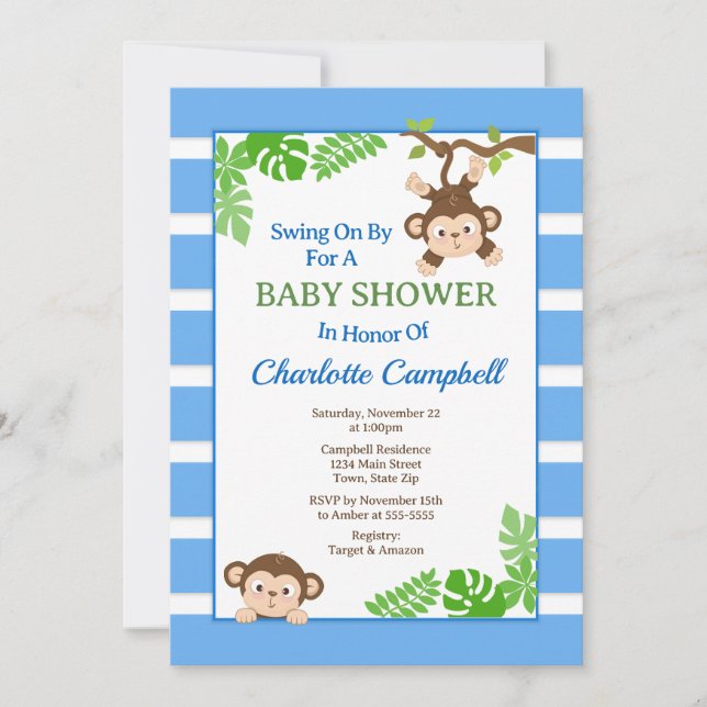 Invitation Baby shower singe, Monkey Boy Invitati (Devant)