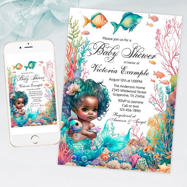 Invitation Baby Shower Sirène Africaine (Under the sea baby shower invitation with cute African mermaid baby, fish and coral.)