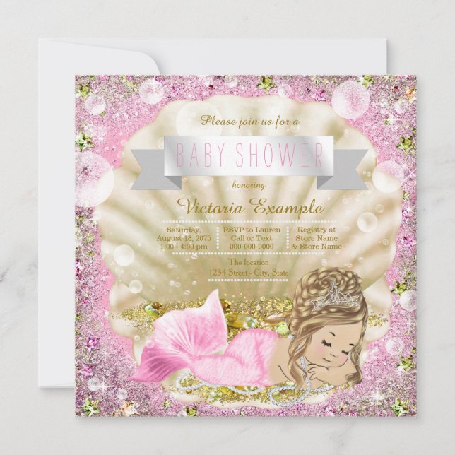 Invitation Baby Shower Sirène Blonde Rose (Devant)