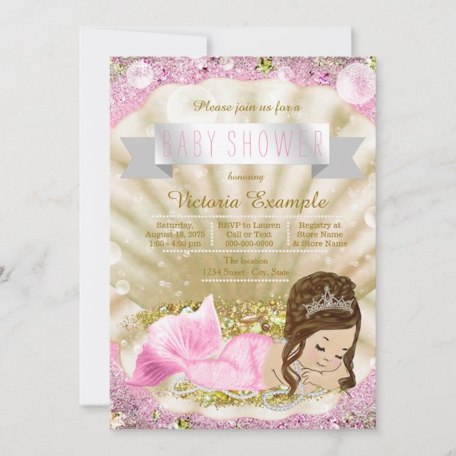 Invitation Baby Shower Sirène Brunette Rose et Or (Devant)