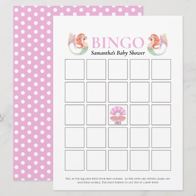 Invitation Baby Shower Sirène Sous L'Océan Points Bingo (Devant / Derrière)