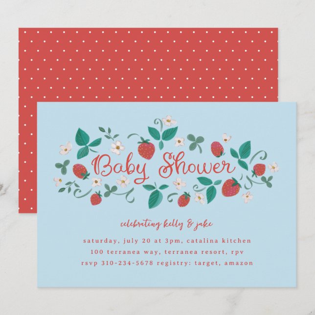 Invitation Baby shower Sky Blue de fraises (Devant / Derrière)