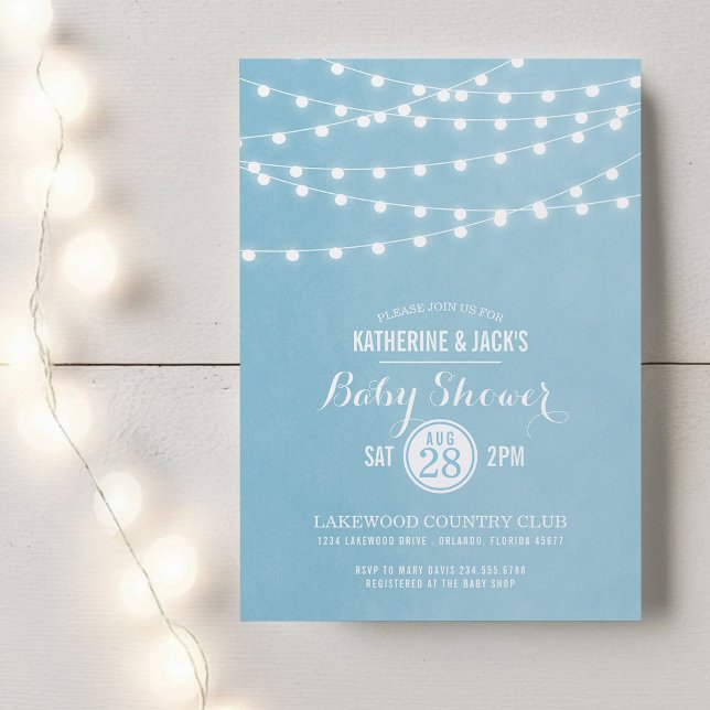 Invitation Baby shower Sky Blue String Lights (Créateur téléchargé)