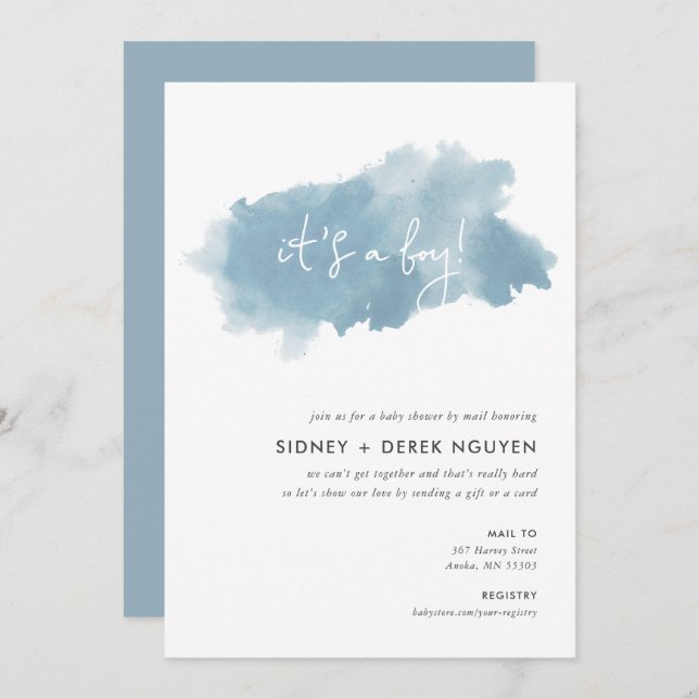 Invitation Baby shower Sky Blue Watercolor par courrier (Devant / Derrière)
