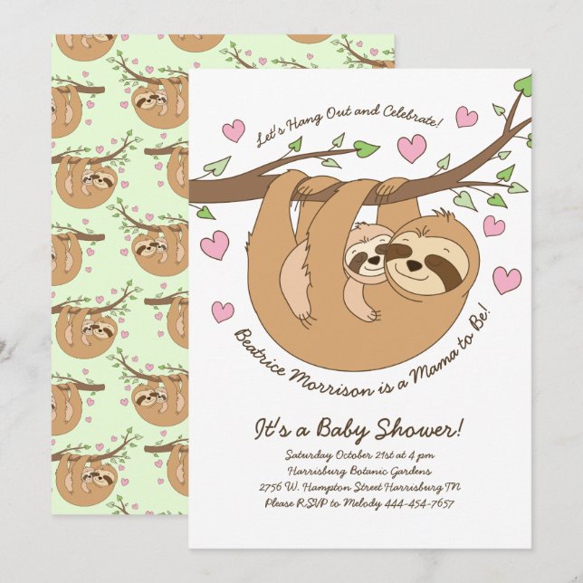 Invitation Baby shower Sloth mignonne maman et bébé (Devant / Derrière)
