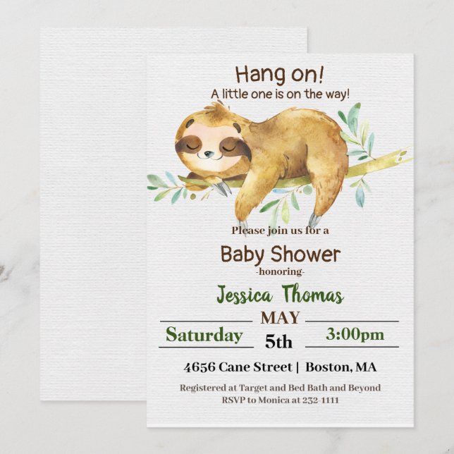 Invitation Baby Shower Sloth Rustique (Devant / Derrière)