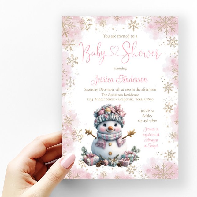 Invitation Baby shower Snowman Pink Gold (Girl snowman baby shower invitation with pretty pink and gold snowflakes.)