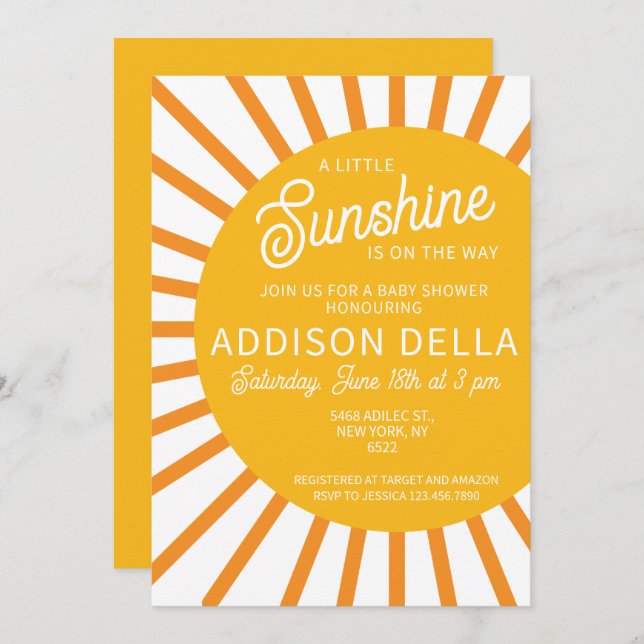 Invitation Baby shower solaire jaune (Devant / Derrière)