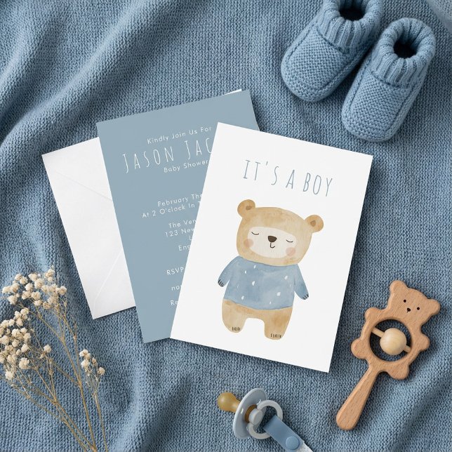 Invitation Baby shower somptueux à l'ours en peluche bleu dou (Soft Blue Teddy Bear sleepy Baby Shower Invitation)