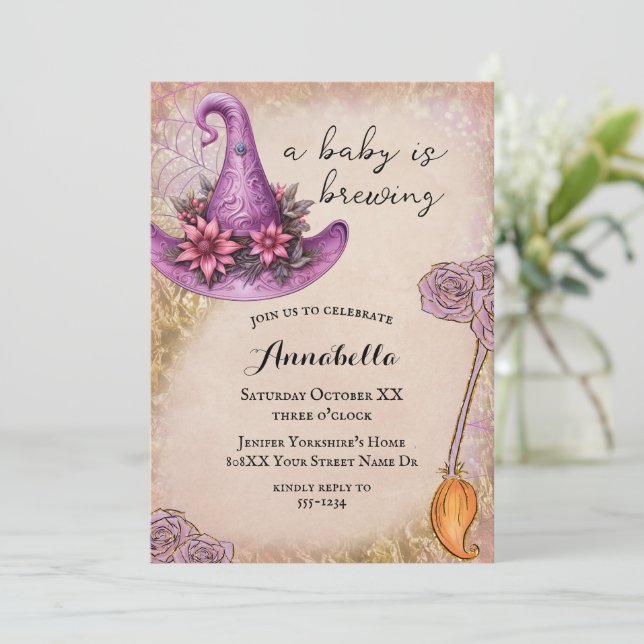 Invitation Baby Shower Sorcière Bébé Rose Halloween (Debout devant)