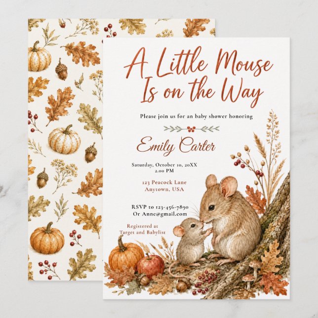 Invitation Baby Shower Souris d'Automne (Devant / Derrière)