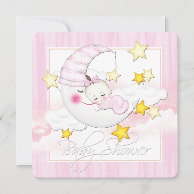 Invitation Baby Shower sous la Lune Rose (Devant)
